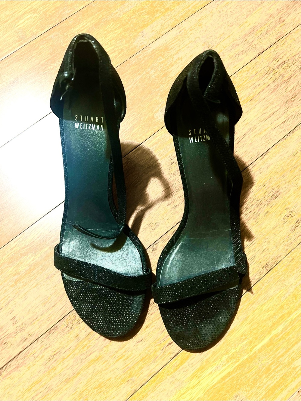 Stuart Weitzman Black Sparkle Ankle-Strap Heels